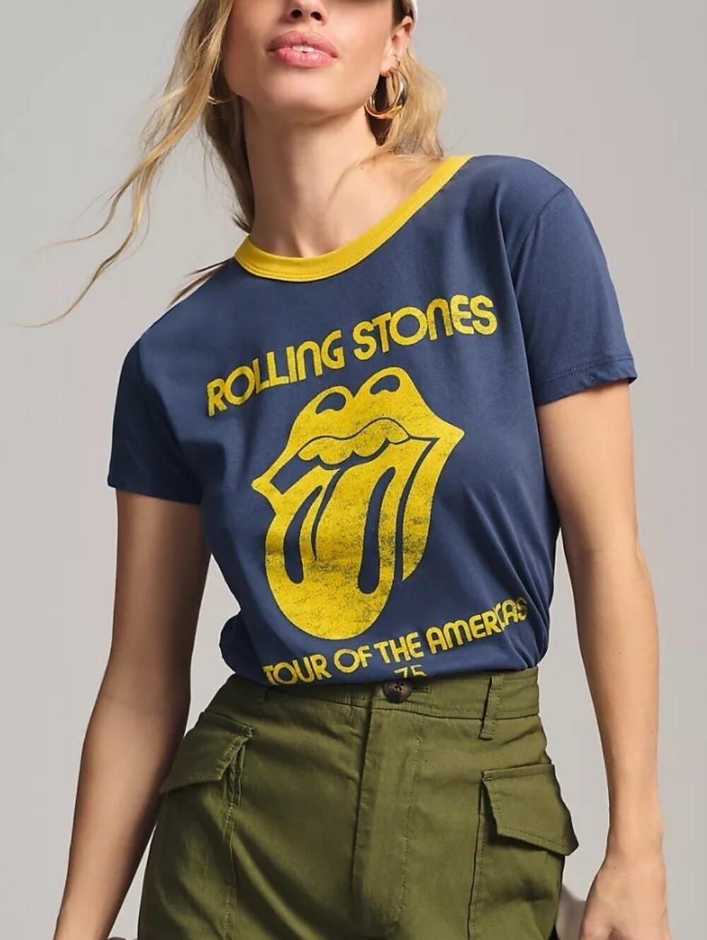 ANTHROPOLOGY Let Luv Rolling Stones Navy & Yellow Graphic Ringer Tee